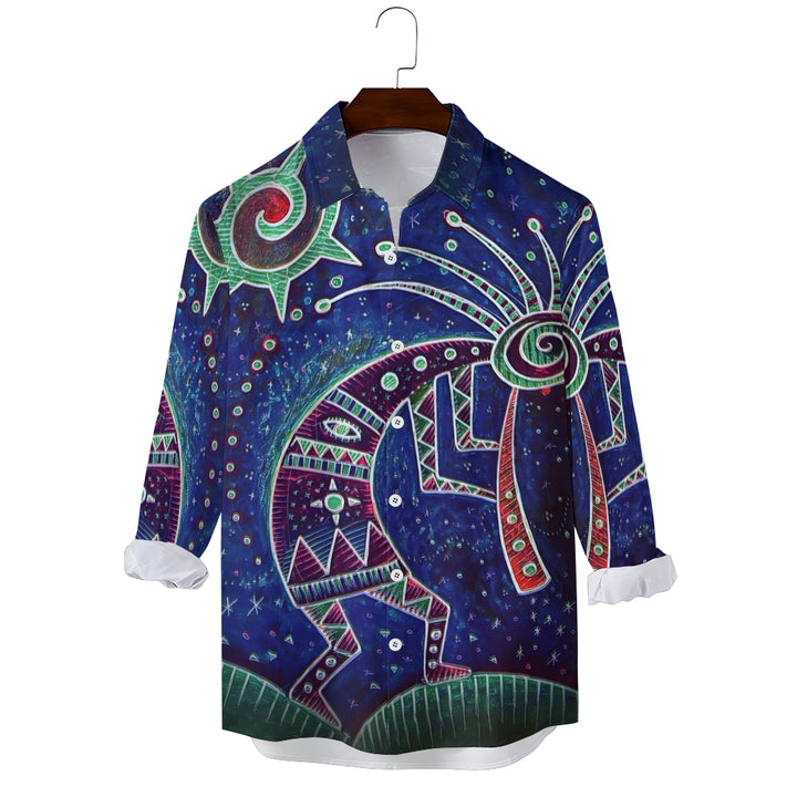 Vintage Hand Drawn Starry Night Kokopelli Pattern Casual Loose Long Sleeved Shirt