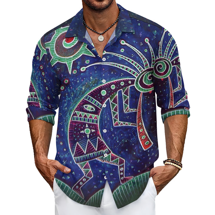 Vintage Hand Drawn Starry Night Kokopelli Pattern Casual Loose Long Sleeved Shirt