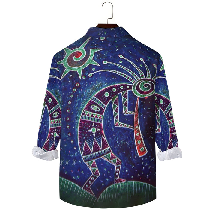 Vintage Hand Drawn Starry Night Kokopelli Pattern Casual Loose Long Sleeved Shirt