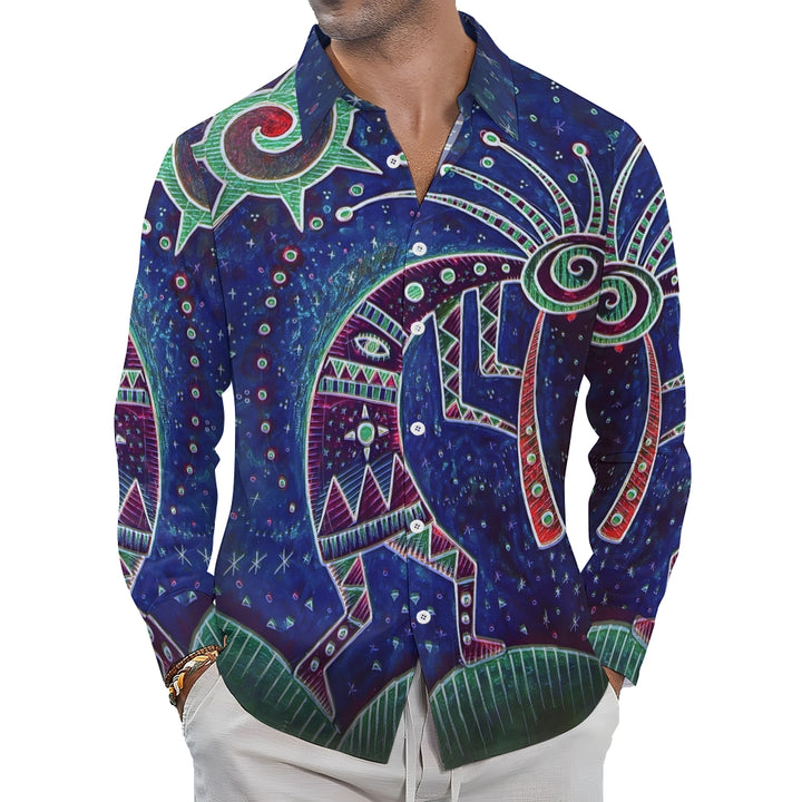 Vintage Hand Drawn Starry Night Kokopelli Pattern Casual Loose Long Sleeved Shirt