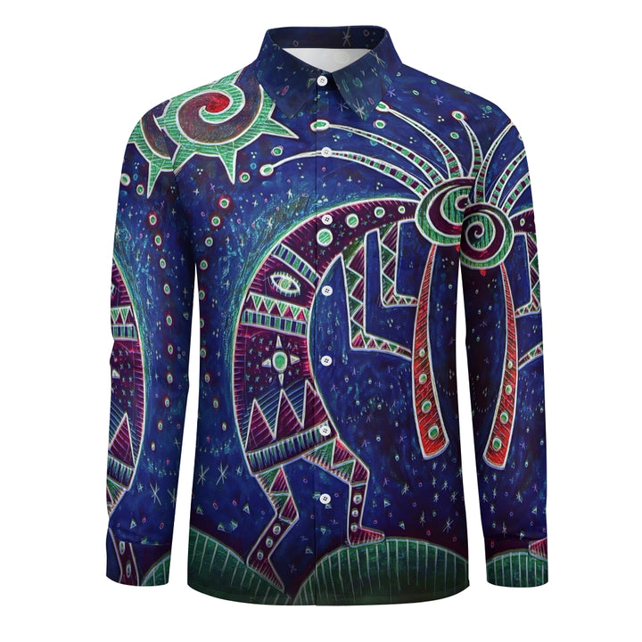 Vintage Hand Drawn Starry Night Kokopelli Pattern Casual Loose Long Sleeved Shirt