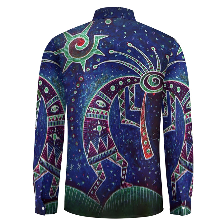 Vintage Hand Drawn Starry Night Kokopelli Pattern Casual Loose Long Sleeved Shirt