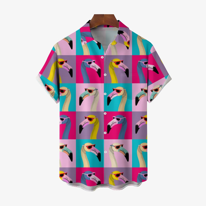 Colorblock Flamingo Print Slub Linen Short Sleeve Shirt 2408006209