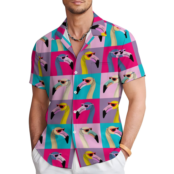 Colorblock Flamingo Print Slub Linen Short Sleeve Shirt 2408006209