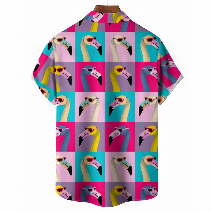 Colorblock Flamingo Print Slub Linen Short Sleeve Shirt 2408006209