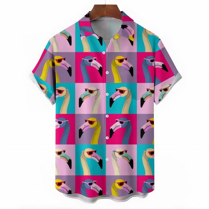 Colorblock Flamingo Print Slub Linen Short Sleeve Shirt 2408006209