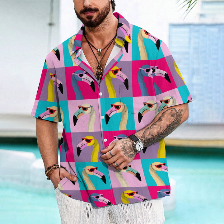 Colorblock Flamingo Print Slub Linen Short Sleeve Shirt 2408006209