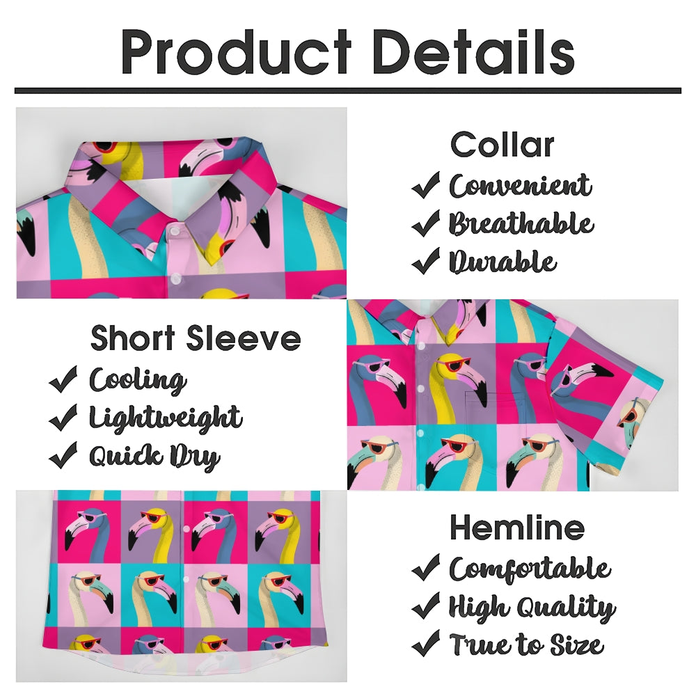 Colorblock Flamingo Print Slub Linen Short Sleeve Shirt 2408006209