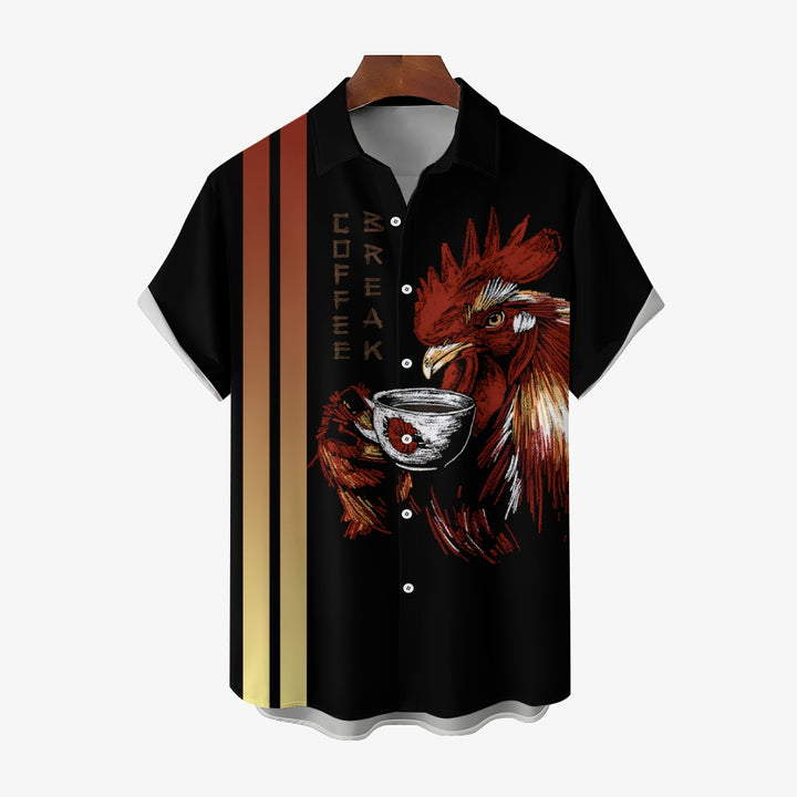 Rooster Coffee Break Print Casual Short Sleeve Shirt 2403000575