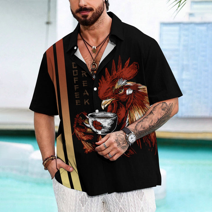 Rooster Coffee Break Print Casual Short Sleeve Shirt 2403000575