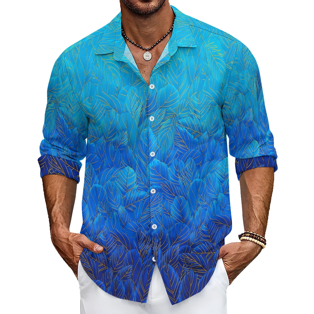 Men's Hawaiian Shirt Blue Feather Print Casual Vacation Long Sleeve Shirt 2408006346