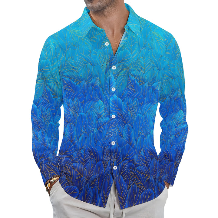 Men's Hawaiian Shirt Blue Feather Print Casual Vacation Long Sleeve Shirt 2408006346