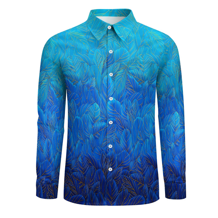 Men's Hawaiian Shirt Blue Feather Print Casual Vacation Long Sleeve Shirt 2408006346