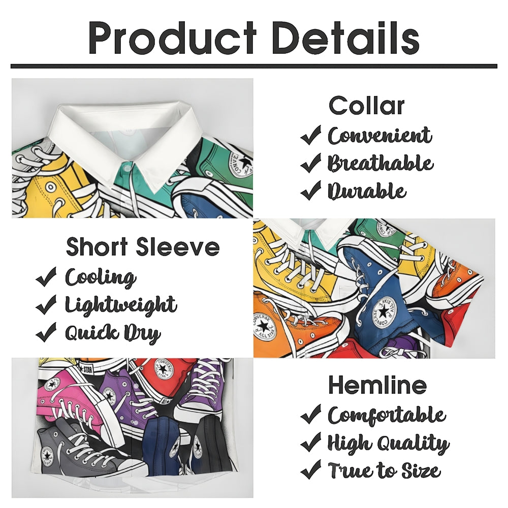 Retro Nostalgic Canvas Shoes PrintCasual Short Sleeve Shirt 2403000096