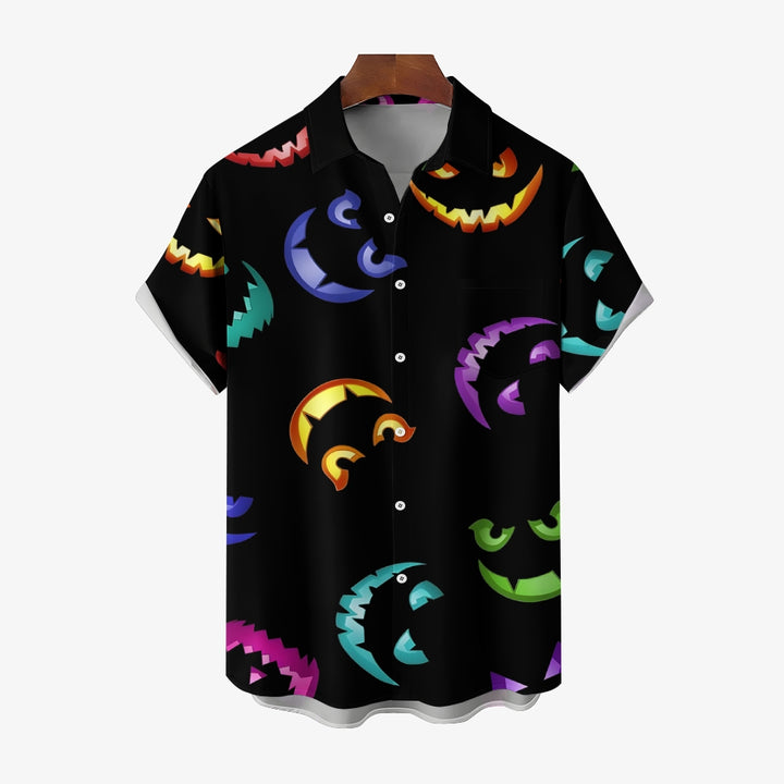 Halloween Themed Casual Chest Pocket Short Sleeve Shirt 2309000215