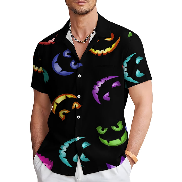 Halloween Themed Casual Chest Pocket Short Sleeve Shirt 2309000215