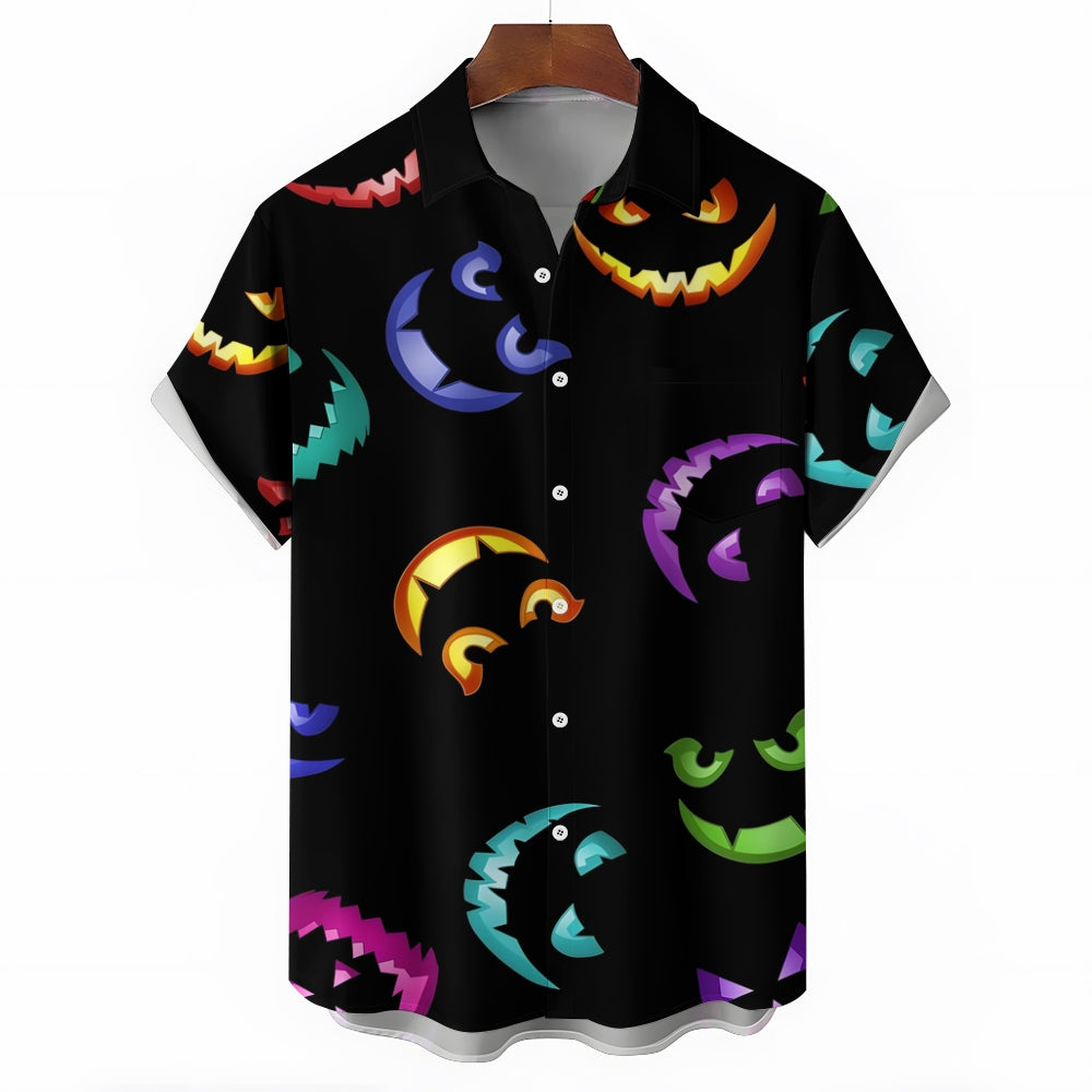 Halloween Themed Casual Chest Pocket Short Sleeve Shirt 2309000215