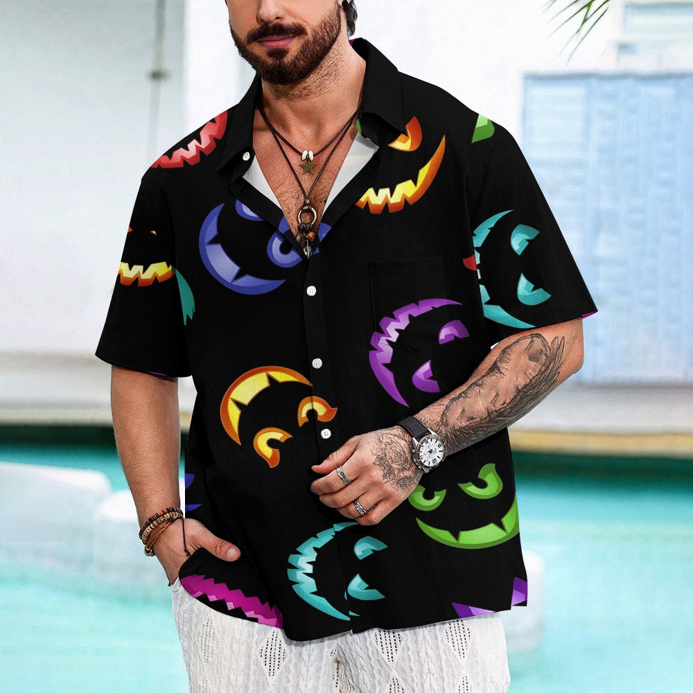 Halloween Themed Casual Chest Pocket Short Sleeve Shirt 2309000215