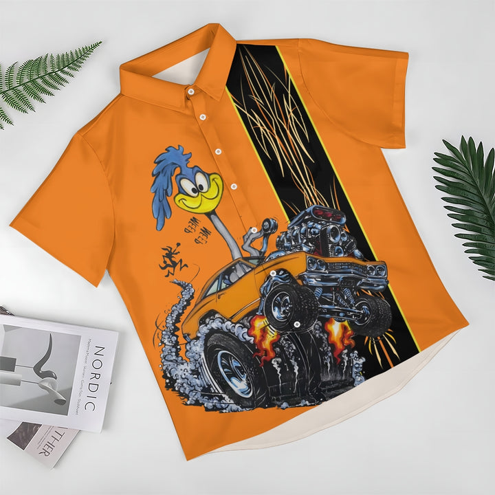 Classic Cartoon Modified Car Pinstripe Contrast Short Sleeve Shirt 2406000597