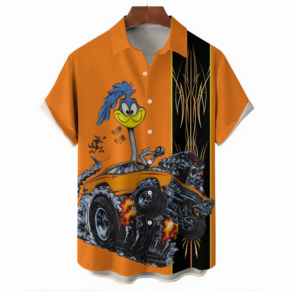 Classic Cartoon Modified Car Pinstripe Contrast Short Sleeve Shirt 2406000597