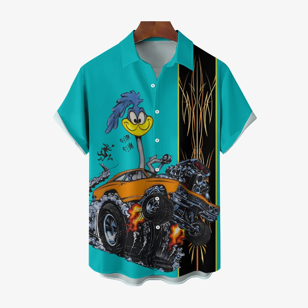 Classic Cartoon Modified Car Pinstripe Contrast Short Sleeve Shirt 2406000597