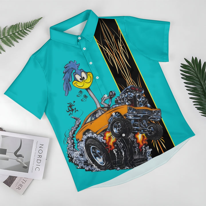 Classic Cartoon Modified Car Pinstripe Contrast Short Sleeve Shirt 2406000597