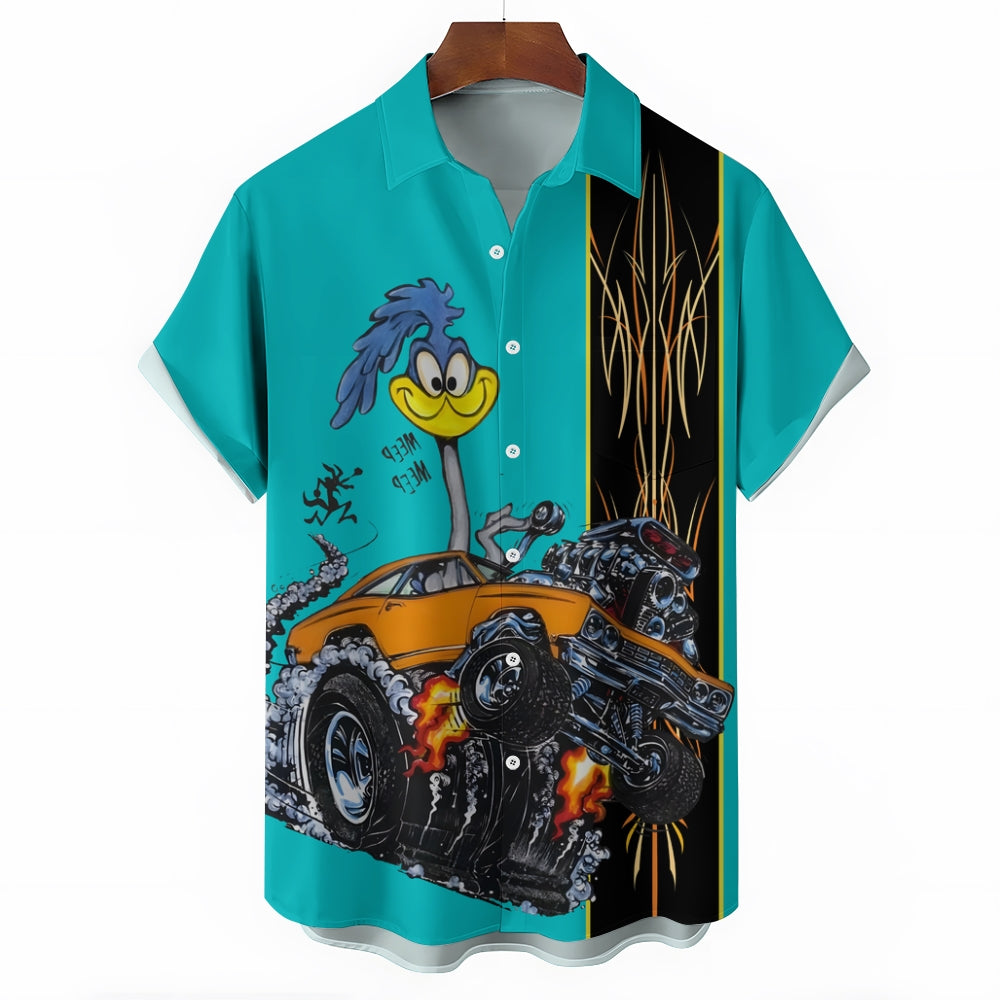 Classic Cartoon Modified Car Pinstripe Contrast Short Sleeve Shirt 2406000597