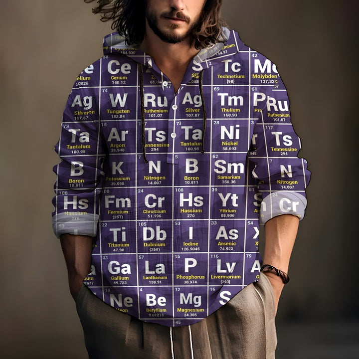 Men's Periodic Table Print Hooded Long Sleeve Shirt 2408008732