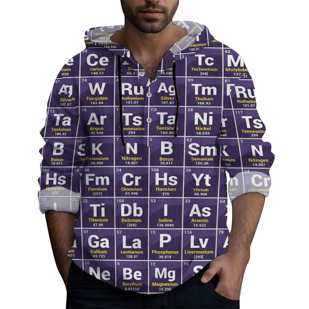 Men's Periodic Table Print Hooded Long Sleeve Shirt 2408008732