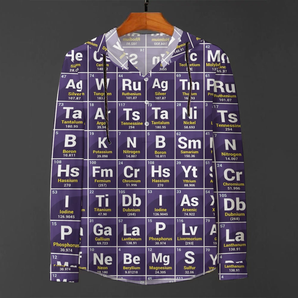 Men's Periodic Table Print Hooded Long Sleeve Shirt 2408008732