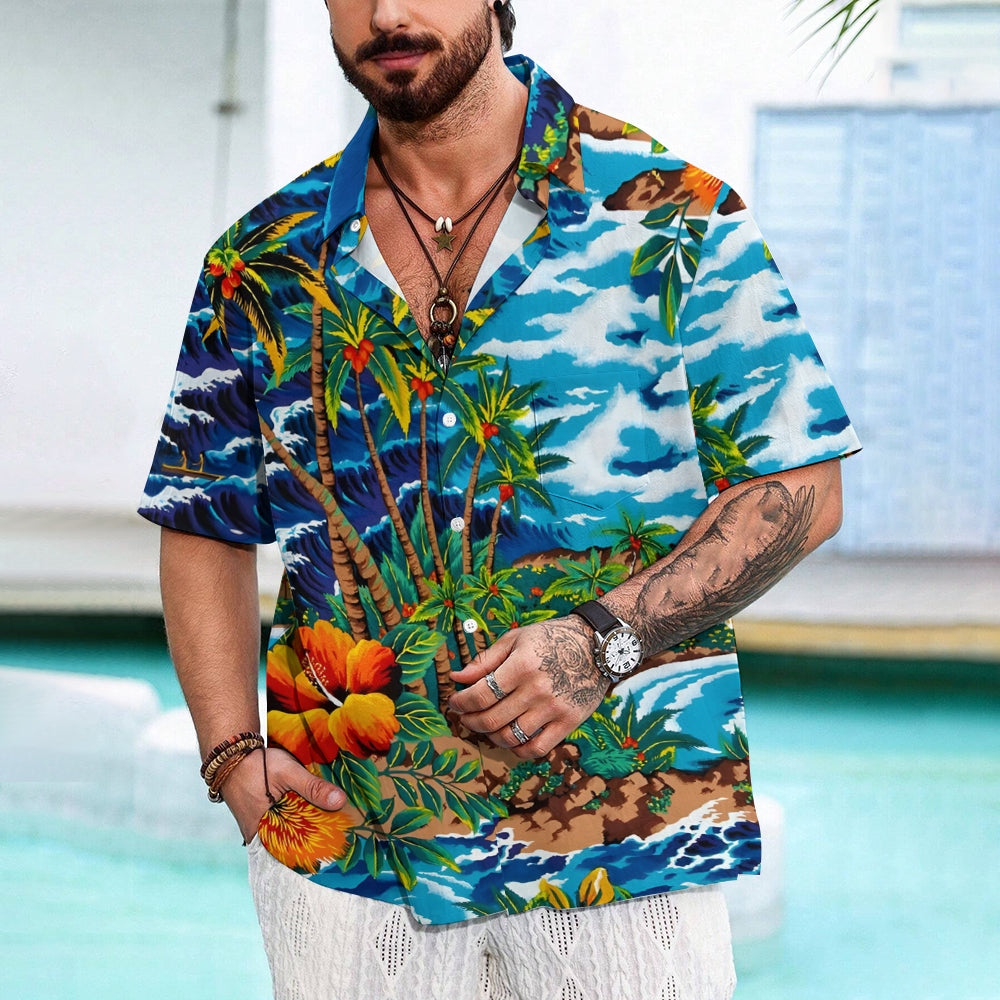 Men's Hawaiian Coconut Tree Casual Short Sleeve Shirt 2403000577