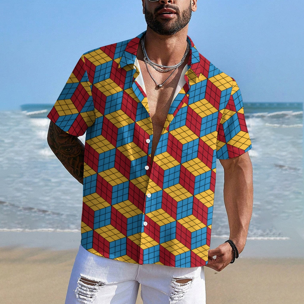 Men's 3D Rubik's Cube Casual Short Sleeve Shirt 2403000432