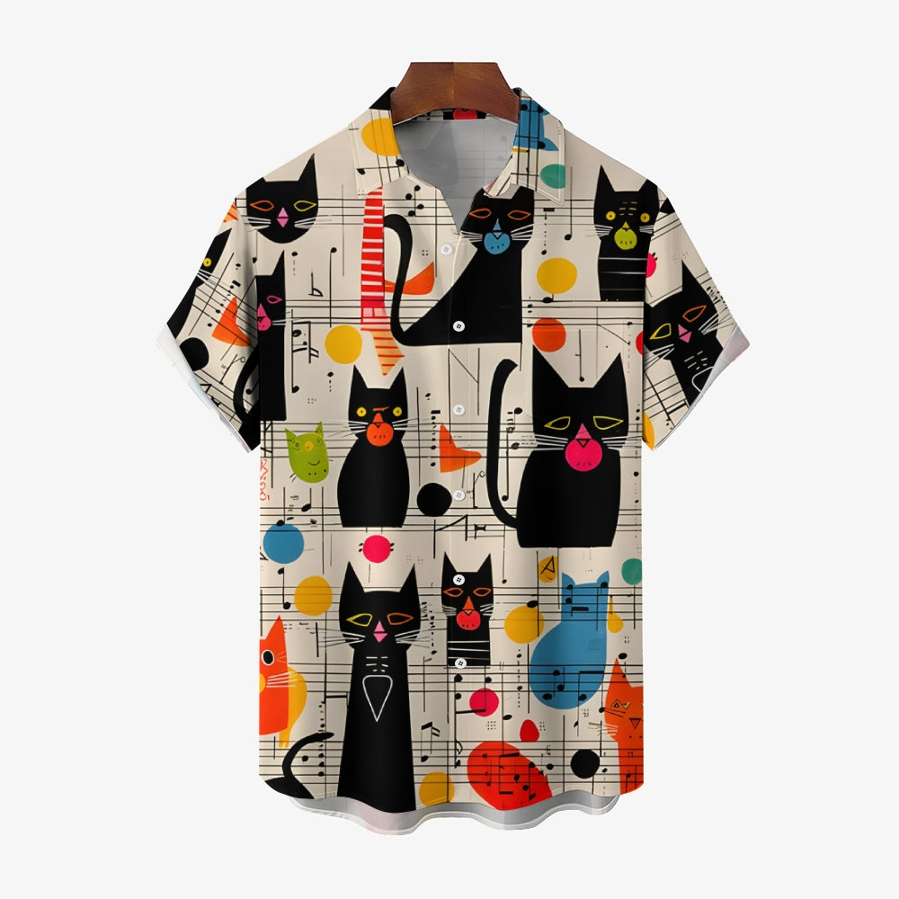 Men's Abstract Mid Century Cat Symphonyc Print Casual Shirt 2408008801