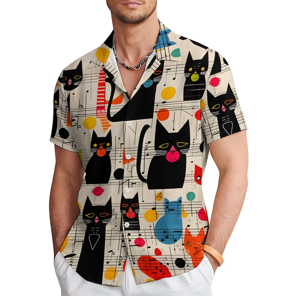 Men's Abstract Mid Century Cat Symphonyc Print Casual Shirt 2408008801