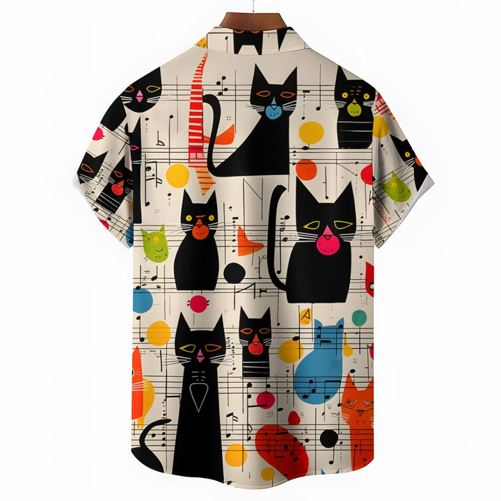 Men's Abstract Mid Century Cat Symphonyc Print Casual Shirt 2408008801