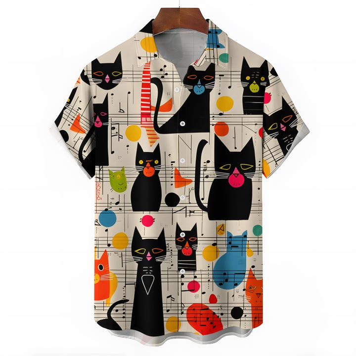 Men's Abstract Mid Century Cat Symphonyc Print Casual Shirt 2408008801