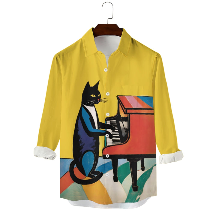 Vintage Art Cat Playing Piano Print Long Sleeve Shirt 2408008804