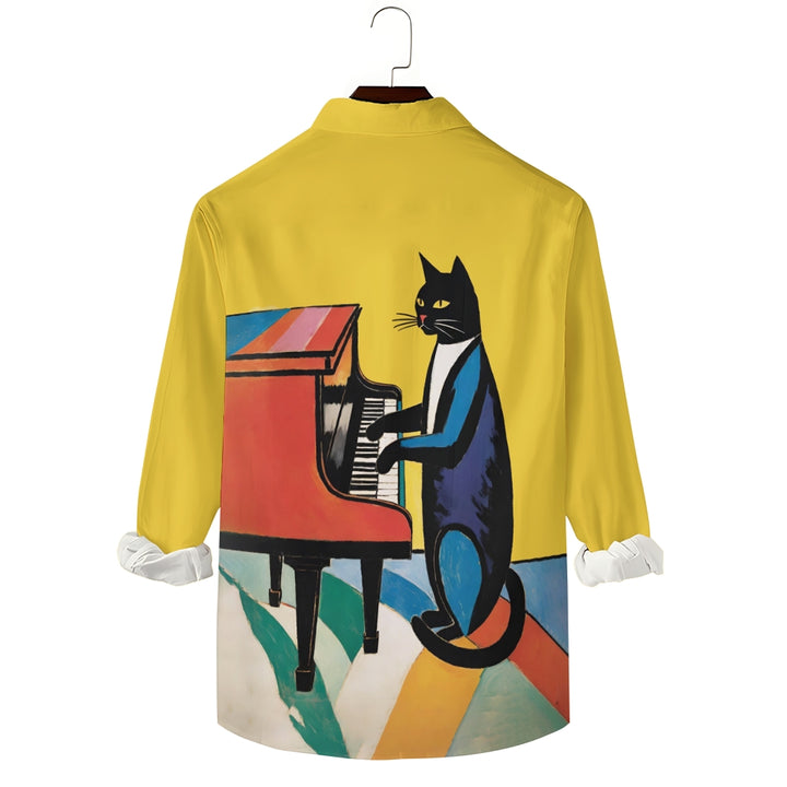 Vintage Art Cat Playing Piano Print Long Sleeve Shirt 2408008804