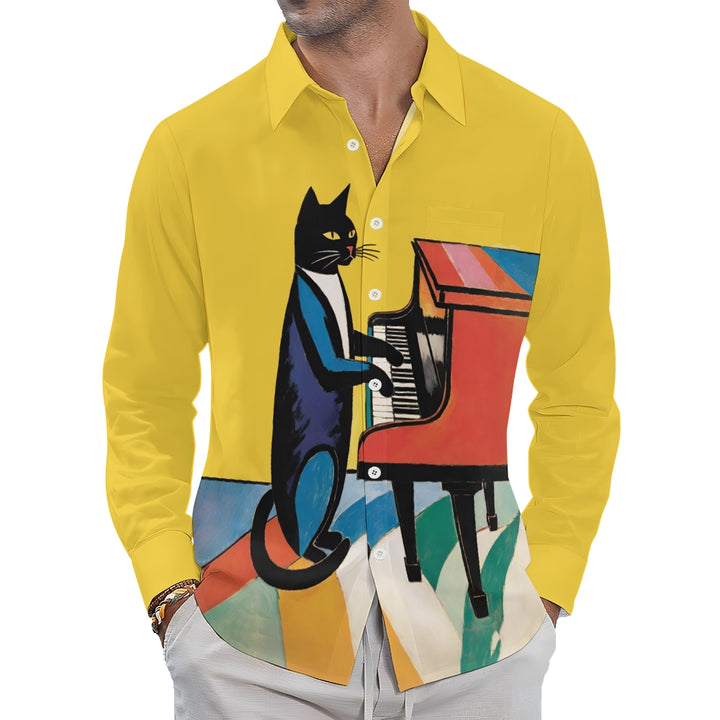 Vintage Art Cat Playing Piano Print Long Sleeve Shirt 2408008804