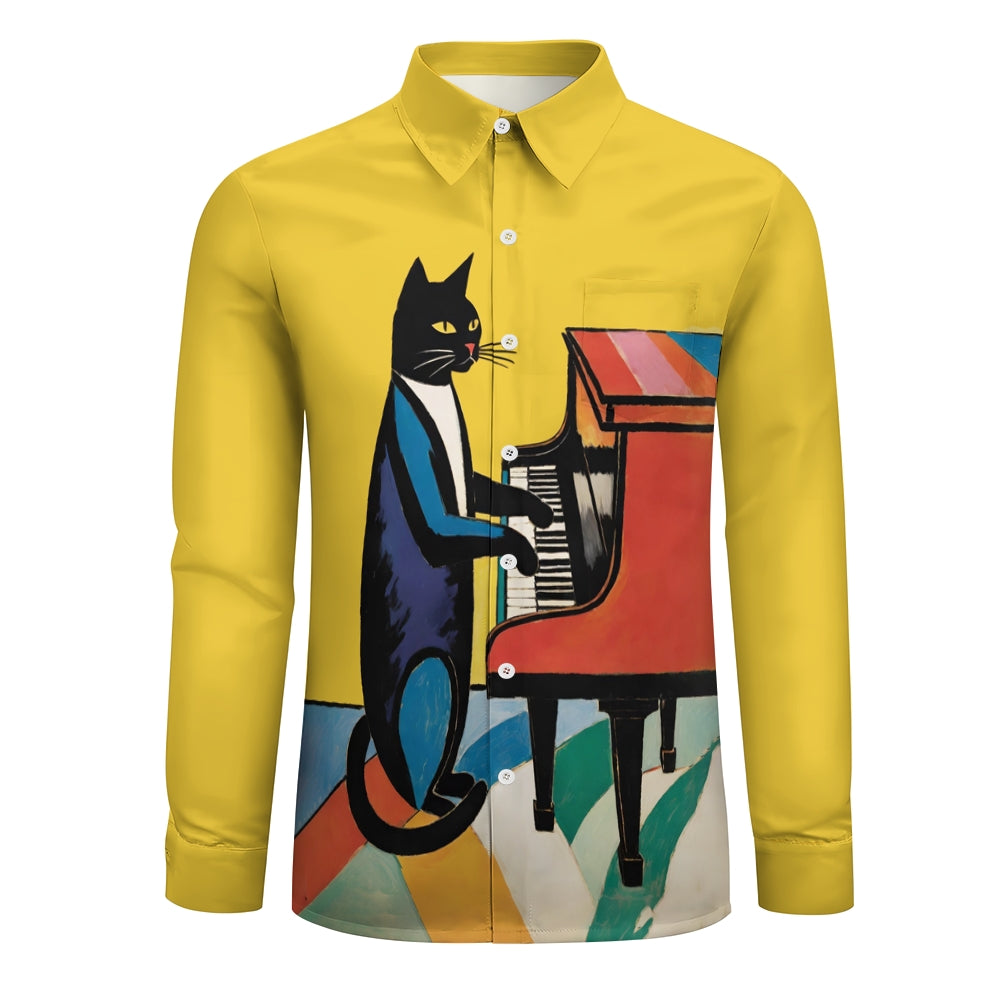 Vintage Art Cat Playing Piano Print Long Sleeve Shirt 2408008804