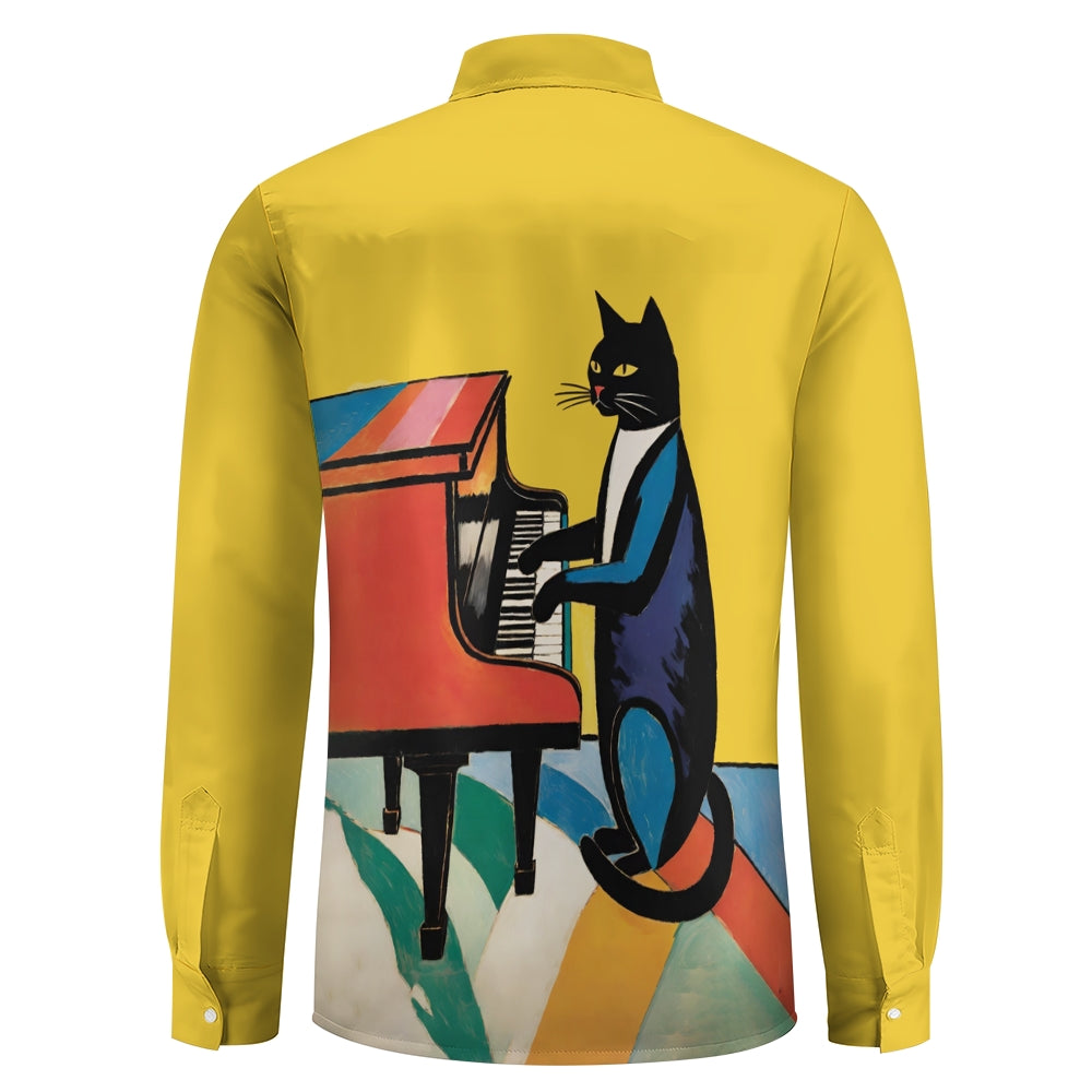 Vintage Art Cat Playing Piano Print Long Sleeve Shirt 2408008804