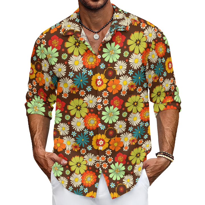 Men's Vintage Colorful Floral Cotton 70s Long Sleeve Button Up Shirt 2408008853