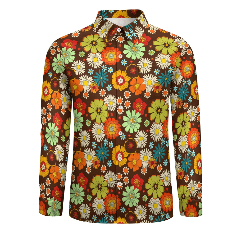 Men's Vintage Colorful Floral Cotton 70s Long Sleeve Button Up Shirt 2408008853