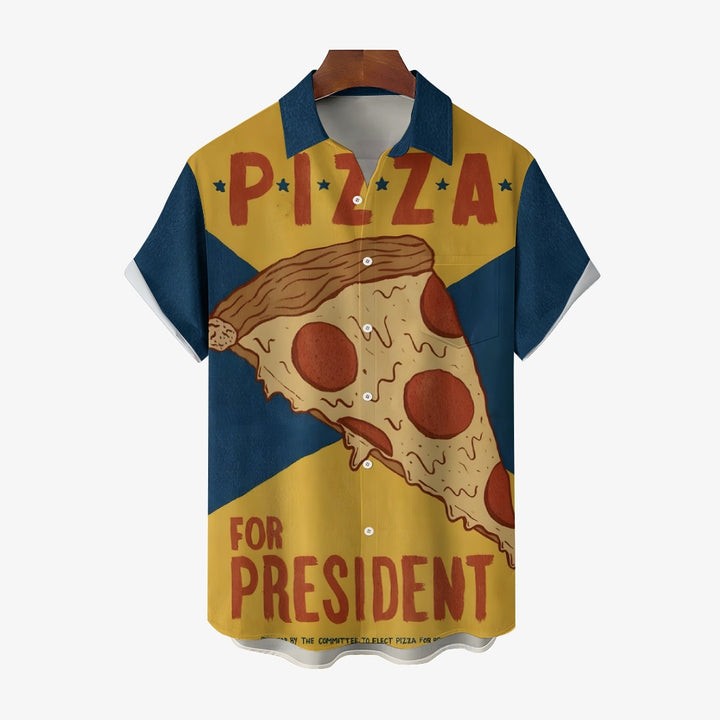 Men's Retro Pizza Poster Printed Short Sleeve Shirt 2408009345