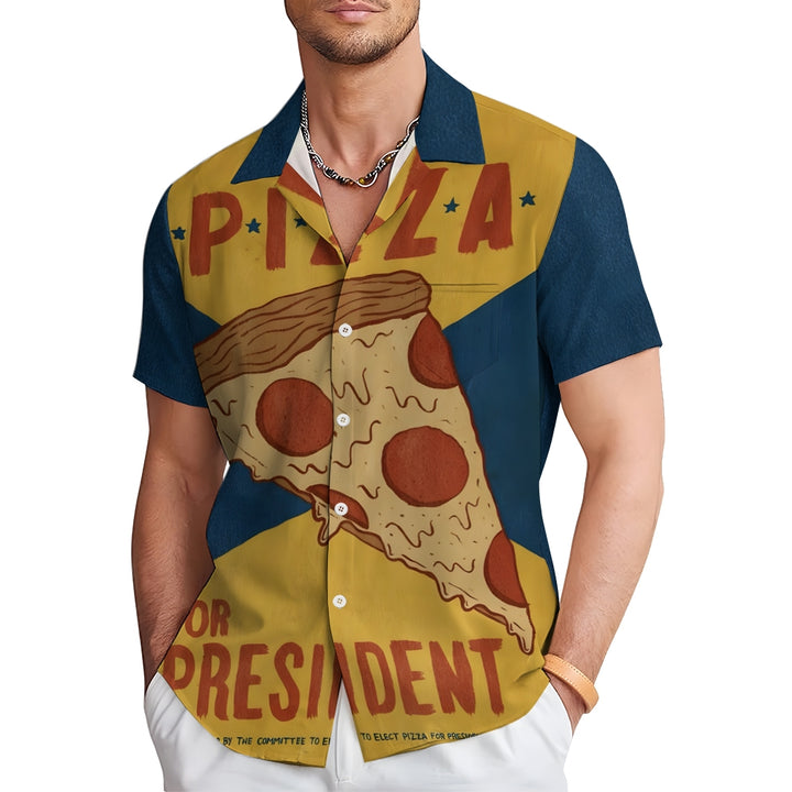 Men's Retro Pizza Poster Printed Short Sleeve Shirt 2408009345