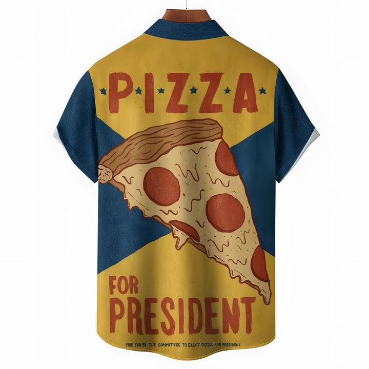 Men's Retro Pizza Poster Printed Short Sleeve Shirt 2408009345