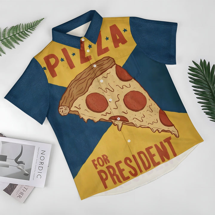 Men's Retro Pizza Poster Printed Short Sleeve Shirt 2408009345