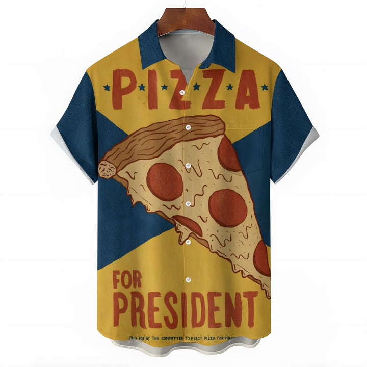 Men's Retro Pizza Poster Printed Short Sleeve Shirt 2408009345