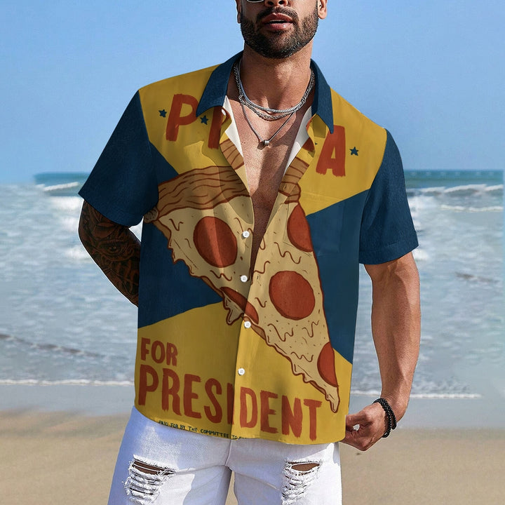 Men's Retro Pizza Poster Printed Short Sleeve Shirt 2408009345