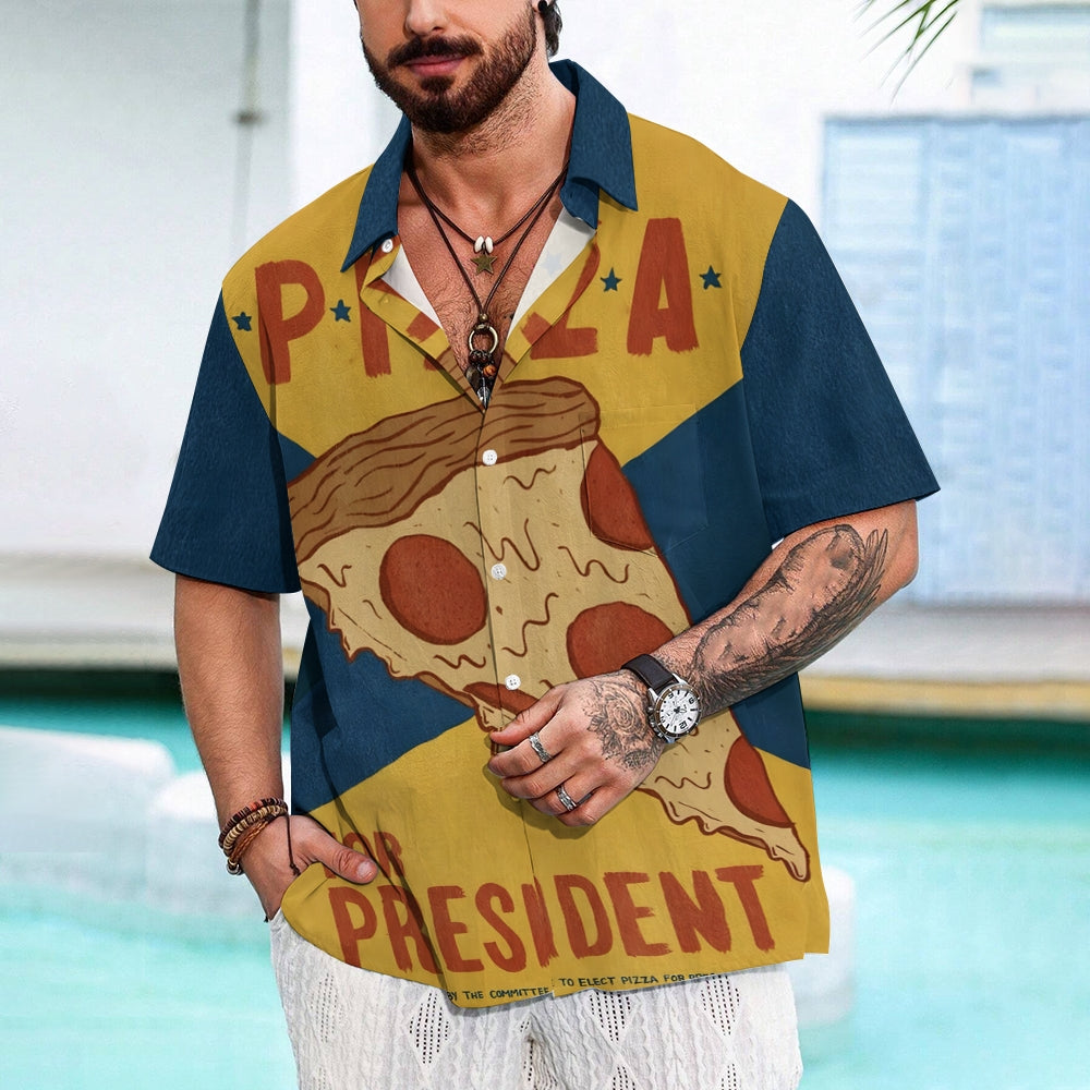 Men's Retro Pizza Poster Printed Short Sleeve Shirt 2408009345